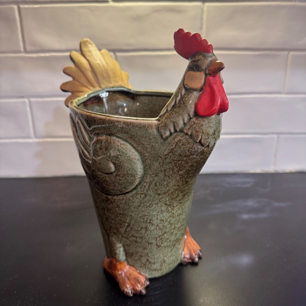 Ceramic Rooster Pitcher Vase Green Farmhouse Country Kitchen Decor Dd-3